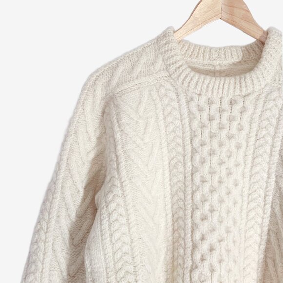 Vintage Cream Wool Fisherman Sweater / Cable Knit Aran Pattern / Small-Medium - Picture 3 of 10